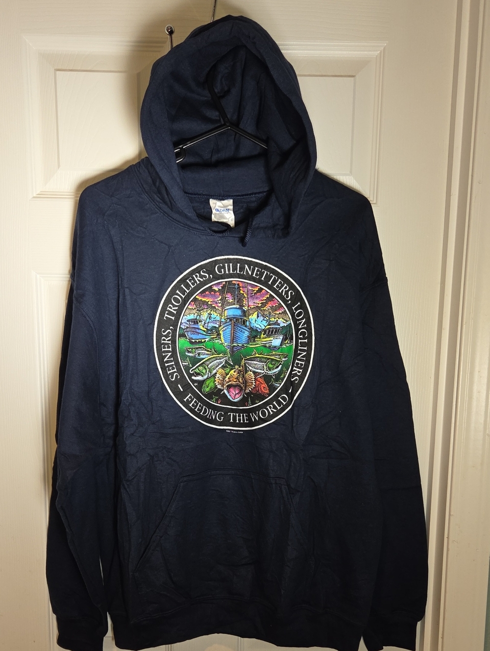 Navy Graphic Fishing Pullover Hoodie - Feeding The World Size M "Like New"